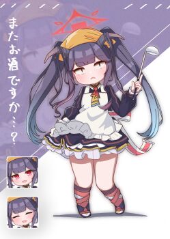  1girl absurdres apron black_horns blue_archive chibi commentary_request demon_girl demon_horns fuuka_(blue_archive) hair_on_horn halo headscarf highres holding holding_ladle horns ladle long_hair mokoni_(wao_ko) multicolored_necktie necktie red_halo ribbon-trimmed_apron ribbon_trim 