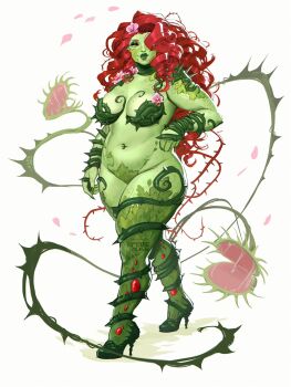  1girl alternate_body_size alternate_design batman_(series) bra breasts colored_skin commentary crescent curly_hair dc_comics english_commentary eyeshadow florakinesis flower freckles full_body green_bra green_eyeshadow green_lips green_shoes green_skin green_thighhighs hair_flower hair_ornament high_heels highres large_breasts leaf_panties leaf_print looking_to_the_side makeup merchandise_available midriff navel navel_piercing panties pepedraws piercing pink_flower plant plant_clothing plump poison_ivy print_panties red_eyes red_hair saliva saliva_trail shoes smile solo spikes thick_thighs thighhighs thighs thorns underwear venus_flytrap white_background 