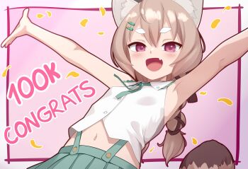  1girl absurdres animal_ears braid breasts brown_hair chenki_(chenki) commentary english_commentary english_text fang hair_ornament highres komachi_panko looking_at_viewer milestone_celebration navel open_mouth phase_connect shirt skirt sleeveless small_breasts smile solo tail white_shirt 