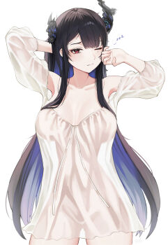 1girl absurdres arm_behind_head arms_up asymmetrical_horns black_hair blue_hair breasts closed_mouth colored_inner_hair commentary english_commentary flower gluteal_fold hands_up highres hololive hololive_english horn_flower horns large_breasts long_hair looking_at_viewer migokami mole mole_under_eye multicolored_hair nerissa_ravencroft nightgown one_eye_closed red_eyes see-through_silhouette sidelocks simple_background solo straight_hair three-quarter_sleeves uneven_horns very_long_hair virtual_youtuber white_background white_nightgown 