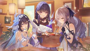  3girls absurdres blue_eyes blue_hair bookshelf breasts bronya_zaychik bronya_zaychik_(silverwing:_n-ex) camunekoz chest_tattoo chopsticks colored_inner_hair commentary_request cooking_pot dress earrings flower gloves grey_eyes grey_hair hair_flower hair_ornament highres holding holding_chopsticks holding_cooking_pot honkai_(series) honkai_impact_3rd indoors jewelry large_breasts long_hair medium_breasts multicolored_hair multiple_girls purple_eyes purple_hair raiden_mei raiden_mei_(apho) second-party_source seele_vollerei seele_vollerei_(herrscher_of_rebirth) smile tattoo two-tone_hair very_long_hair white_dress 