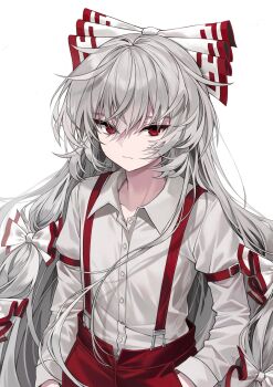  1girl arm_belt bow collared_shirt commentary fujiwara_no_mokou grey_hair hair_bow hand_in_pocket highres long_hair long_sleeves looking_at_viewer multiple_hair_bows pants pudding_(skymint_028) red_eyes red_pants shirt simple_background solo suspenders touhou very_long_hair white_background white_shirt 