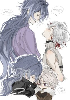  2boys bare_shoulders chibi chibi_inset earrings flins_(genshin_impact) fur_trim genshin_impact height_difference highres illuga_(genshin_impact) illugalnwza jacket jewelry looking_at_another male_focus mole mole_under_eye multiple_boys open_mouth scar scar_on_arm scar_on_neck single_earring sleeveless speech_bubble turtleneck white_background 