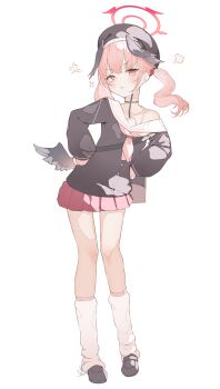 1girl :t absurdres anger_vein beret black_hat black_shirt black_wings blue_archive blush commentary_request feathered_wings full_body halo hat head_wings highres koharu_(blue_archive) long_hair long_sleeves looking_at_viewer loose_socks miniskirt pink_hair pleated_skirt pout puff_of_air red_skirt school_uniform serafuku shirt single_bare_shoulder skirt socks solo tachibana_shiori_(suica_112) twintails white_socks wings rating:Sensitive score:8 user:danbooru