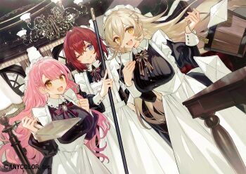  3girls :d :q aizono_manami alternate_costume ange_katrina apron black_dress blonde_hair blue_eyes blush bow bowtie braid breasts brown_bow brown_bowtie bucket chandelier chocoan closed_mouth commentary_request contrast_collar copyright_notice crossed_bangs dress dustpan dutch_angle enmaided fang framed_breasts frilled_apron frills group_picture hair_between_eyes hair_intakes hair_ornament hairpin hand_on_own_chest hand_on_own_hip hand_up hands_up hat highres holding holding_bucket holding_dustpan holding_mop indoors lamp large_breasts long_bangs long_hair long_sleeves looking_at_viewer maid maid_apron medium_hair mob_cap mop multiple_girls multiple_hairpins nijisanji nui_sociere official_alternate_costume official_art one_eye_closed open_mouth orange_eyes pink_hair purple_bow purple_bowtie red_bow red_bowtie red_hair second-party_source side_braid skin_fang sleeve_cuffs smile tongue tongue_out very_long_hair virtual_youtuber white_apron white_hat yellow_eyes 