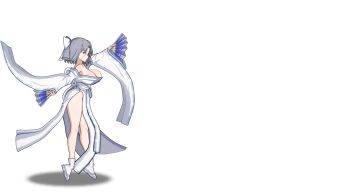  1girl :o animated animated_gif attack bare_shoulders blue_eyes blush body_blush bouncing_breasts bow breasts cleavage collarbone crossover dual_wielding folding_fan game_cg grey_hair hair_bow hand_fan highres holding holding_fan japanese_clothes kimono large_breasts looking_at_viewer lost_sword:_tales_of_britania low_neckline no_panties official_art paper_fan parted_bangs pelvic_curtain print_paper_fan revealing_clothes ribbon-trimmed_kimono ribbon_trim sandals senran_kagura senran_kagura_shinovi_versus shiny_skin short_hair side_slit simple_background socks solo spinning standing striped_bow tabi white_background white_bow white_kimono white_socks wide_sleeves yumi_(senran_kagura) zouri 