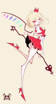 1girl absurdres blonde_hair bow cocokana crystal_wings dress flandre_scarlet hat high_heels highres laevatein_(touhou) looking_at_viewer open_mouth red_eyes ribbon shirt short_hair skirt smile solo touhou wings rating:Sensitive score:1 user:danbooru