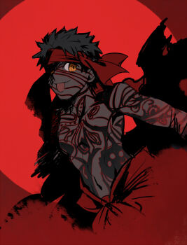  1boy angra_mainyu_(fate) corruption dark-skinned_male dark_persona dark_skin emiya_shirou fate/hollow_ataraxia fate_(series) full-body_tattoo male_focus possessed possession solo sunday31 tattoo tongue tongue_out yellow_eyes 