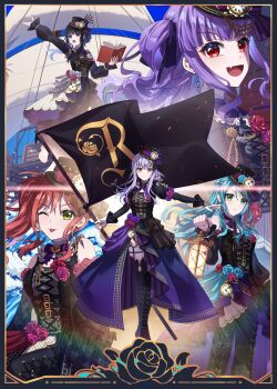  5girls absurdres alternate_hairstyle bang_dream! bang_dream!_girls_band_party! black_boots black_dress black_hair book boots brown_hair clock commentary_request dress fang flag full_body green_eyes grey_hair hat highres hikawa_sayo holding holding_book holding_flag imai_lisa long_hair medium_hair minato_yukina multiple_girls one_eye_closed open_mouth purple_hair red_eyes ship shirokane_rinko standing tamag0zzz tongue tongue_out twintails udagawa_ako watercraft yellow_eyes 