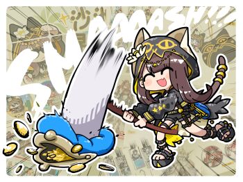  1girl :d absurdres animal_ears arknights bag black_footwear black_jacket black_shorts brown_hair cat_tail chibi chibi_only closed_eyes coin commentary_request dog-san fang game_screenshot_inset hammer handbag highres holding holding_hammer hood hooded_jacket jacket long_hair open_mouth pepe_(arknights) shorts skin_fang smile solo tail thigh_strap toes  rating:General score:1 user:danbooru