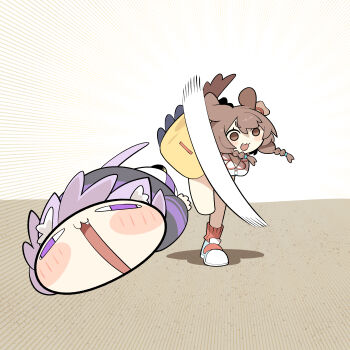  absurdres animal_ear_fluff animal_ears black_hoodie blush blush_stickers braid brown_eyes brown_hair cat_ears cat_girl cat_tail cocomayo29_(tomato) commentary_request dog_ears dog_girl dog_tail dress highres hololive hood hoodie inugami_korone inugami_korone_(1st_costume) jacket korean_commentary long_sleeves nekomata_okayu nekomata_okayu_(1st_costume) open_mouth purple_eyes purple_hair tail throwing throwing_person twin_braids virtual_youtuber yellow_jacket 