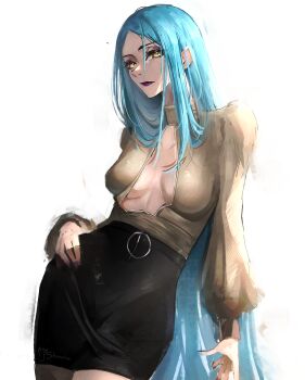  1girl absurdres aqua_hair breasts breasts_apart clasp collarbone eyeshadow hair_between_eyes hand_on_own_hip highres jagged_sclera light_frown long_hair long_sleeves looking_at_viewer makeup medium_breasts nail_polish open_hand original parted_bangs pencil_skirt puffy_long_sleeves puffy_sleeves purple_eyeshadow red_lips shirt shiszukaa signature simple_background skirt slit_pupils solo straight_hair very_long_hair white_background yellow_eyes 