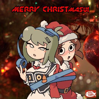  2girls american_revolution_smuggler antenna_hair aqua_eyes artist_logo back-to-back bead_necklace beads blurry blurry_background blush bound breast_bondage breasts bright_pupils christmas christmas_lights christmas_ornaments christmas_tree commentary company_connection depth_of_field dress english_commentary english_text engrish_text green_hair hat highres hirotonfa jaggy_lines jewelry logo looking_at_viewer loyalist_(american_revolution_smuggler) marie_(peripeteia) medium_breasts merry_christmas multiple_girls necklace nervous nervous_sweating official_art peripeteia photo_background promotional_art ranguage red_dress red_hat reflection ribbon ribbon_bondage santa_costume santa_dress santa_hat second-party_source short_hair sweat upper_body white_dress white_pupils 