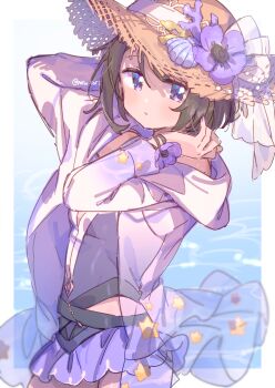  1girl black_hair blue_background blush border bracelet casual_one-piece_swimsuit clothing_cutout commentary_request coral_hat_ornament cowboy_shot dot_nose flower flower_bracelet hands_up hat hat_flower hat_ribbon highres hood hooded_jacket jacket jewelry kuroe_(madoka_magica) kuroe_(swimsuit_ver.)_(madoka_magica) long_sleeves looking_at_viewer magia_record:_mahou_shoujo_madoka_magica_gaiden mahou_shoujo_madoka_magica one-piece_swimsuit outside_border parted_lips print_jacket purple_eyes purple_flower purple_one-piece_swimsuit ribbon seashell see-through_clothes see-through_jacket see-through_ribbon serizawa_serizane shell short_hair side_cutout solo star_(symbol) star_print straw_hat swimsuit swimsuit_skirt twitter_username water white_border white_jacket white_ribbon 