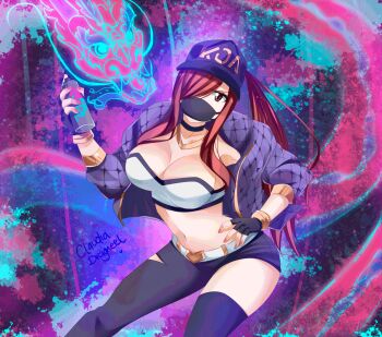  1girl breasts claudia_dragneel cleavage cosplay erza_scarlet fairy_tail fingerless_gloves gloves hat k/da_(league_of_legends) large_breasts league_of_legends long_hair midriff navel ponytail red_hair  rating:Questionable score:27 user:CeliaLover
