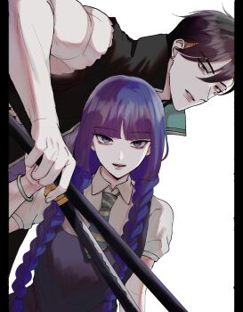  1boy 1girl black_eyes black_hair blonde_hair blunt_bangs boruto:_two_blue_vortex bracelet braid diagonal-striped_clothes diagonal-striped_necktie dress earrings highres holding holding_polearm holding_sword holding_weapon ifevilwhyuhot jewelry kakei_sumire kawaki_(boruto) low_twin_braids multicolored_hair muscular muscular_male naruto_(series) necktie parted_lips pillarboxed polearm puffy_short_sleeves puffy_sleeves purple_dress purple_eyes purple_hair short_necktie short_sleeves smile striped_clothes stud_earrings sword twin_braids two-tone_hair undercut weapon 