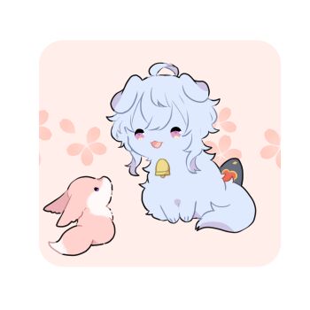  :3 :d ahoge animal animal_focus animal_with_hair animalization blue_hair border commentary_request dog double-parted_bangs fox ganyu_(genshin_impact) genshin_impact highres nasuka_gee no_humans open_mouth pink_background smile white_border yae_miko 