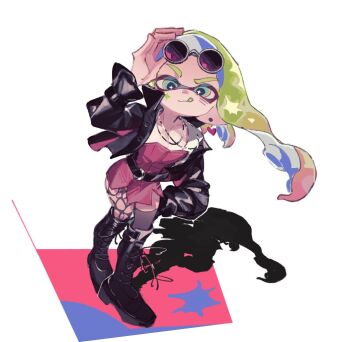  1girl :q belt black_boots black_jacket blue_eyes boots colored_tips commentary_request dress facial_mark floating_hair full_body green_hair inkling inkling_girl inkling_player_character jacket jewelry lace-up_boots long_hair multicolored_hair multiple_necklaces necklace nintendo open_clothes open_jacket pink_dress pink_hair ranaharia_neko round_eyewear shadow short_dress simple_background solo splatoon_(series) star_(symbol) star_facial_mark sunglasses tentacle_hair tongue tongue_out two-tone_hair v-shaped_eyebrows white_background 