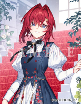  1girl ange_katrina black_bow black_bowtie blue_dress blue_eyes bow bowtie breasts buttons commentary_request copyright_notice crossed_bangs double-breasted dress floral_print floral_print_dress flower gradient_eyes grin hair_between_eyes hair_intakes hair_ornament hand_up indoors juliet_sleeves layered_dress lips long_sleeves looking_at_viewer medium_hair multicolored_eyes nardack nijisanji official_alternate_costume official_art plant print_dress puffy_sleeves purple_eyes red_hair sample_watermark small_breasts smile solo stairs triangle_hair_ornament upper_body virtual_youtuber watermark white_dress white_flower 