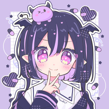  1girl absurdres artist_name black_hair blush border closed_mouth collared_shirt colored_inner_hair commentary demon double-parted_bangs grid_background hair_between_eyes hand_up head_wings highres long_hair long_sleeves looking_at_viewer multicolored_hair original outline outside_border pink_eyes portrait purple_border purple_hair shirt smile solo streaked_hair tasuki6918 two-tone_hair v white_background white_outline white_shirt wings 