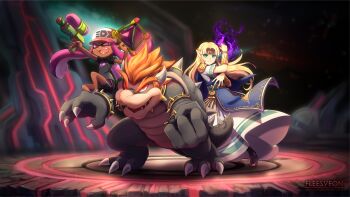  1boy 2girls artist_name baseball_cap blonde_hair blue_tunic bowser circlet claws clenched_hand dark-skinned_female dark_skin dress fleesveon green_eyes hat holding holding_water_gun inkling long_dress long_hair mario_(series) multiple_girls nintendo nintendo_switch open_mouth orange_hair parted_bangs pink_eyes pink_hair pointy_ears princess_zelda sitting_on_shoulder smile splatoon_(series) super_smash_bros. tentacle_hair the_legend_of_zelda thick_eyebrows tunic water_gun white_dress 