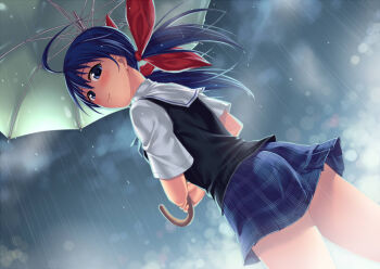  1girl blue_eyes blue_hair braid days_of_memories fatal_fury female_focus futaba_hotaru garou:_mark_of_the_wolves long_hair looking_back matching_hair/eyes misao_(kami_no_misoshiru) plaid_clothes plaid_skirt rain skirt smile snk solo twin_braids umbrella 