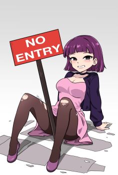 1girl absurdres amelia_(pathways) black_collar blunt_bangs blunt_ends blush breasts cleavage clenched_teeth cobblestone collar come_hither double_entendre dress english_text gradient_background grey_eyes grimace grin hands_on_ground hashtag-only_commentary highres i.ruean jacket jacket_over_dress knees_up large_breasts looking_at_viewer medium_hair no_pupils on_ground open_clothes open_jacket pantyhose pathways_(game) pink_dress pink_shoes politics purple_jacket sexually_suggestive shoes short_dress sign signature sitting smile solo teeth torn_clothes torn_pantyhose united_kingdom white_background