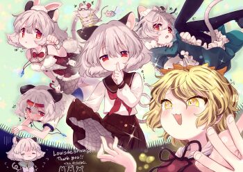  2girls :3 absurdres alternate_costume animal animal_ear_fluff animal_ears apron bikini biyon black_hair black_pantyhose blonde_hair blue_shorts blush bow bowtie brown_pantyhose brown_ribbon brown_sailor_collar brown_skirt closed_eyes closed_mouth clothed_animal commentary commission dress english_commentary english_text enmaided finger_to_mouth fishnet_pantyhose fishnets fur-trimmed_dress fur_trim green_dress grey_hair gym_shirt gym_shorts gym_uniform heart heart_in_eye highres jewelry long_sleeves looking_at_viewer maid maid_apron maid_headdress mouse_(animal) mouse_ears mouse_girl mouse_tail multicolored_hair multiple_girls nazrin neck_ribbon neckerchief necklace open_mouth pantyhose pendant red_bow red_bowtie red_dress red_eyes red_neckerchief ribbon sailor_collar sailor_shirt school_uniform second-party_source shirt short_hair shorts shushing skeb_commission skirt skirt_hold smile sparkle swimsuit symbol_in_eye tail toramaru_shou touhou translation_request twitter_username two-tone_hair white_apron white_shirt wrist_cuffs yellow_bikini yellow_eyes 