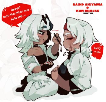  2girls @_@ absurdres black_socks bra cargo_pants character_name chibi choker closed_eyes earrings eyeliner eyewear_on_head face_piercing fingerless_gloves fingernails glasses gloves hairband highres jacket jewelry labret_piercing leather leather_jacket makeup multiple_girls ny_000a original pants piercing red_eyeliner red_hairband scar scar_on_face shirt shorts socks speech_bubble strapless strapless_bra tan twitter_username underwear white_hair white_jacket white_pants white_shirt 