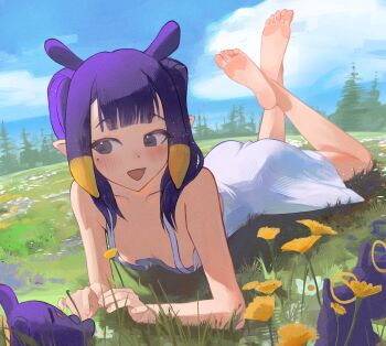  1girl :d absurdres barefoot besi_(besidoesart) blue_sky blunt_bangs breasts center-flap_bangs cloud commentary cosplay day dress feet feet_up frieren frieren_(cosplay) full_body gradient_hair highres hololive hololive_english long_hair lying mole mole_under_eye multicolored_hair ninomae_ina'nis on_stomach open_mouth orange_hair outdoors pointy_ears purple_eyes purple_hair sidelocks sky sleeveless sleeveless_dress small_breasts smile soles solo sousou_no_frieren takodachi_(ninomae_ina'nis) tentacle_hair the_pose toes twintails virtual_youtuber white_dress 