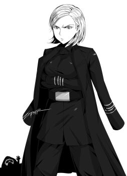  1boy 1girl arms_under_breasts belt breasts chibi crossed_arms first_order frown genderswap genderswap_(mtf) general_hux greyscale hand_up highres jacket jacket_on_shoulders kylo_ren large_breasts military_uniform monochrome pout short_hair signature star_wars star_wars:_the_force_awakens star_wars:_the_last_jedi tunic white_background zxpfer 