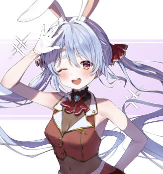  1girl alternate_costume animal_ears ascot black_choker blue_eyes blue_hair breasts choker cleavage commentary_request cosplay cropped_jacket frilled_choker frills hand_on_own_hip highres hololive houshou_marine houshou_marine_(1st_costume) houshou_marine_(cosplay) jacket leotard leotard_under_clothes long_hair mi_kamii2 navel orange_eyes rabbit-shaped_pupils rabbit_ears rabbit_girl red_ascot red_jacket red_skirt skirt sleeveless sleeveless_jacket small_breasts smile solo symbol-shaped_pupils twintails usada_pekora virtual_youtuber 