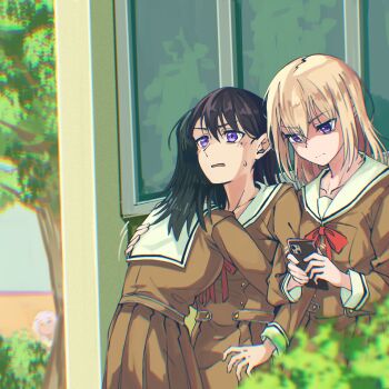  4girls bang_dream! bang_dream!_it's_mygo!!!!! black_hair blue_eyes blush brown_dress brown_hair cellphone chinese_commentary chromatic_aberration closed_mouth commentary_request commission doki_(oox3o) dress hair_between_eyes hanasakigawa_school_uniform heterochromia highres holding holding_phone hug kaname_raana locked_arms long_hair long_sleeves medium_hair misumi_uika mole mole_under_eye multiple_girls neck_ribbon open_mouth outdoors phone purple_eyes red_ribbon ribbon sailor_collar sailor_dress school_uniform second-party_source shiina_taki smartphone sweatdrop white_hair white_sailor_collar yahata_umiri yellow_eyes 