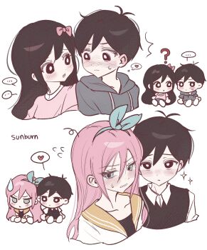  ... 1boy 1girl ? aged_down antenna_hair aubrey_(faraway)_(omori) aubrey_(omori) black_eyes black_hair black_hoodie blue_eyes blue_hairband bow bright_pupils chibi closed_mouth collarbone commentary_request double-parted_bangs flying_sweatdrops hair_between_eyes hair_bow hairband heart highres hood hood_down hoodie jacket korean_commentary long_hair looking_at_another omori open_clothes open_jacket open_mouth pink_bow pink_hair pink_shirt shirt short_hair short_sleeves sidelocks simple_background speech_bubble spoken_ellipsis spoken_heart sunny_(omori) sweatdrop t-shirt thought_bubble white_background white_jacket white_pupils wktdms1 