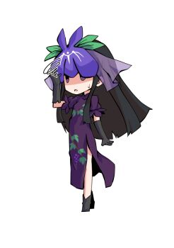  1girl black_gloves black_hair chibi chibi_only china_dress chinese_clothes commentary_request dairi dress food_print fruit_print full_body gloves hand_up large_variant_set long_hair long_sidelocks parted_lips puffy_short_sleeves puffy_sleeves purple_dress purple_eyes short_sleeves sidelocks simple_background solo sweatdrop tachi-e touhou transparent_background variant_set vine_print yomotsu_hisami 