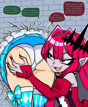 2girls absurdres artoria_caster_(fate) artoria_caster_(swimsuit_berserker)_(second_ascension)_(fate) artoria_pendragon_(fate) ass baobhan_sith_(fate) baobhan_sith_(first_ascension)_(fate) bdsm blue_thighhighs bondage bound breasts cameltoe detached_sleeves dress embarrassed fangs fate/grand_order fate_(series) female_pervert grabbing_another's_ass grey_eyes groping hair_ornament highres humiliation itakeabite long_hair looking_at_another lower_body multiple_girls naughty_face open_mouth panties pervert pink_hair pointy_ears red_dress speech_bubble stuck thighhighs through_wall underwear upskirt white_panties rating:Questionable score:32 user:danbooru