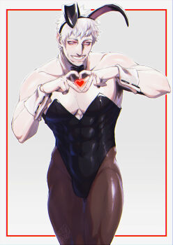  1boy absurdres all_for_one_(boku_no_hero_academia) black_leotard blackberreh-art boku_no_hero_academia commentary crossdressing crossdressing_(mtf) english_commentary four-finger_heart_hands grin heart heart_hands highres leotard male_focus male_playboy_bunny pale_skin pantyhose short_hair smile teeth white_hair 