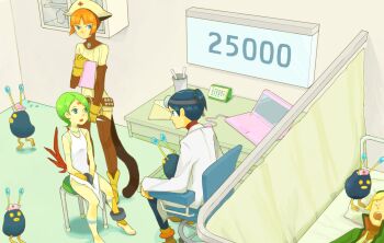  100000_(artist) 2girls bad_id bad_pixiv_id bracelet breasts breath_of_fire breath_of_fire_v closed_mouth commentary_request dress facial_mark full-body_tattoo green_hair hat jewelry lin_(breath_of_fire) monster multiple_boys multiple_girls nina_(breath_of_fire_v) nurse red_wings ryu_(breath_of_fire_v) short_hair tail tattoo white_dress wings 