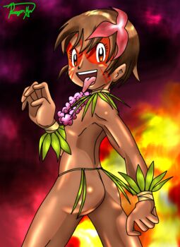  1girl ass brown_hair dark-skinned_female dark_skin digimon digimon_adventure fire hokanuka loli short_hair solo tongue tongue_out yagami_hikari  rating:Explicit score:6 user:TOSJedi
