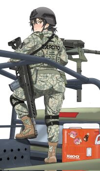  2b_(nier:automata) assault_rifle black_hair blush boots brown_eyes character_sticker doro_(nikke) from_behind goddess_of_victory:_nikke gun hair_between_eyes hair_bun helmet highres knee_pads looking_at_viewer looking_back machine_gun mexican_army mexico military_combat_uniform military_uniform motor_vehicle mx_waifus nier:automata nier_(series) on_truck pickup_truck pink_hair rifle shiny_eyes short_hair sticker truck weapon 