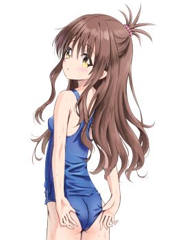 1girl absurdres adjusting_clothes adjusting_swimsuit ass blue_one-piece_swimsuit blush breasts brown_eyes brown_hair from_behind highres loli long_hair looking_back old_school_swimsuit one-piece_swimsuit retumihari school_swimsuit small_breasts solo swimsuit to_love-ru topknot yuuki_mikan
