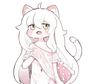  1girl :3 ahoge animal_ear_fluff animal_ears blush_stickers bottomless breasts breath brown_eyes cat_ears cat_girl cat_tail clothes_lift covered_erect_nipples gang grabbing_own_breast highres izanaminomickot kommy_(trickcal) lifting_own_clothes loli long_hair navel off_shoulder open_mouth out-of-frame_censoring pale_skin pillow see-through_clothes see-through_shirt shirt shirt_lift small_breasts smile solo stomach sweat tail trickcal upper_body white_hair white_shirt 