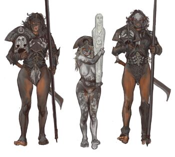  3girls armor barefoot black_hair bodypaint chainmail colored_skin feet female_pubic_hair height_difference helmet highres mossacannibalis multiple_girls navel nude orc pubic_hair saruman simple_background the_lord_of_the_rings tolkien's_legendarium uruk_hai war_paint white_background 