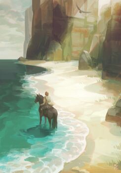  1boy agro_(shadow_of_the_colossus) beach bird bird_wings boulder cliff commentary driftwoodwolf english_commentary holding holding_reins horse male_focus ocean poncho reins riding sand scenery shadow_of_the_colossus surcoat sword wander_(shadow_of_the_colossus) water weapon wings 