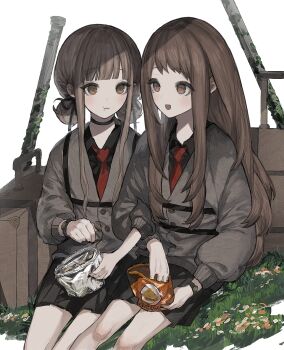  2girls :t bag bag_of_chips black_choker black_nails black_ribbon black_shirt black_skirt brown_eyes brown_hair cardigan chips_(food) choker closed_mouth collared_shirt commentary_request double_bun dress_shirt eating es-ther feet_out_of_frame fingernails food grass grey_cardigan hair_bun hair_ribbon holding holding_bag locked_arms long_hair long_sleeves looking_at_another multiple_girls necktie on_ground open_mouth original puffy_long_sleeves puffy_sleeves red_necktie ribbon shirt short_hair_with_long_locks sidelocks sitting skirt suitcase watch white_background wristwatch 
