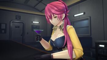  1girl 3d animated black_gloves blue_corset blush bouncing_breasts breasts breasts_out cleavage cocktail_glass collarbone corset cup double-parted_bangs drinking_glass eiyuu_densetsu falcom female_focus gloves hair_between_eyes high_collar jacket large_breasts long_hair looking_at_viewer neck_ribbon nipple_slip nipples nodusfm one_eye_closed open_clothes open_jacket pink_hair ponytail pov ribbon sara_valestein sen_no_kiseki sen_no_kiseki_(series) sen_no_kiseki_iii sleeves_rolled_up tagme train train_interior video wardrobe_malfunction wink winking_(animated) yellow_eyes yellow_jacket 