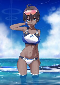  1girl absurdres arm_at_side bare_arms bare_shoulders bikini blue_bikini blue_eyes blue_sky breasts brown_hair chougoukin_potato cloud cloudy_sky commentary_request covered_mouth cowboy_shot crossed_bangs dark-skinned_female dark_skin day eyewear_on_head glint gluteal_fold hair_between_eyes hand_up highres horizon large_breasts looking_at_viewer making-of_available multicolored_bikini navel ocean original outdoors short_hair sky solo sparkle standing sunglasses surfboard swimsuit two-tone_bikini wading water water_drop wet white_bikini 