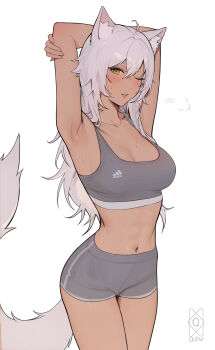 1girl absurdres adidas animal_ear_fluff animal_ears armpits arms_behind_head arms_up breasts collarbone commission dark-skinned_female dark_skin grey_hair grey_sports_bra highres long_hair navel one_eye_closed original parted_lips quilm simple_background solo sports_bra sports_panties standing stomach tail white_background yellow_eyes  rating:Sensitive score:25 user:danbooru