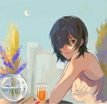  1girl artist_request blue_eyes blue_sky chainsaw_man crescent_moon eyepatch flower himeno_(chainsaw_man) juice looking_at_viewer moon non-web_source orange_juice short_hair sitting sky skyline sunlight tagme vase warm_colored 