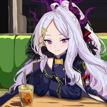  1girl ahoge arm_support armband belt black_belt black_coat black_gloves black_halo blue_archive coat coat_on_shoulders commentary_request couch cup demon_girl demon_horns drinking_glass drinking_straw forehead fur-trimmed_coat fur_trim gloves hair_ornament hair_ribbon hairclip half_updo halo head_rest hina_(blue_archive) horns iced_tea indoors kakashi3019 long_hair long_sleeves looking_at_viewer military_uniform multicolored_halo night open_clothes open_coat parted_bangs purple_eyes red_armband restaurant ribbon sam_browne_belt sidelocks smile solo table two-tone_halo upper_body wavy_hair white_hair window 